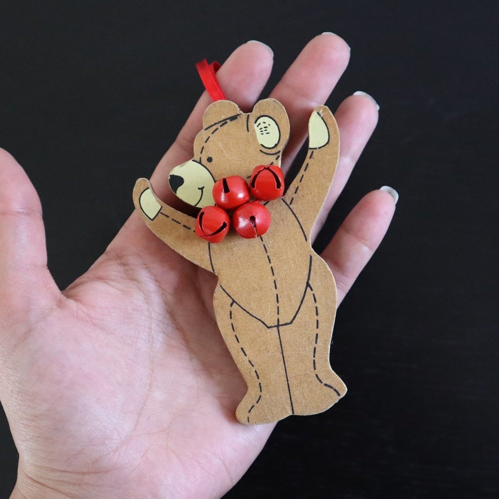 Vintage 80s Kurt Adler Wooden Teddy Bear Christmas Ornament w/ Bells Scarf | Han